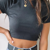 O Neck Knit White Summer Casual Basic Streetwear Short Sleeve Crop Tops