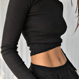 O Neck Long Sleeve Ribbed Cropped Spring Casual Basic Crop Tops
