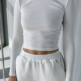 O Neck Long Sleeve Ribbed Cropped Spring Casual Basic Crop Tops