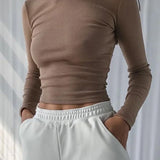 O Neck Long Sleeve Ribbed Cropped Spring Casual Basic Crop Tops