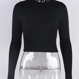 O Neck Long Sleeve Ribbed Cropped Spring Casual Basic Crop Tops