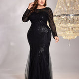 Plus Size Dress Long Sleeve round Neck Slim Fit Fishtail Skirt Bridesmaid Cocktail Evening Dress for Toasting Elegant