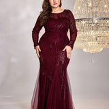 Plus Size Dress Long Sleeve round Neck Slim Fit Fishtail Skirt Bridesmaid Cocktail Evening Dress for Toasting Elegant