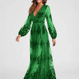 Maxi Dress High Split Ladies Long Sleeves Evening Dress