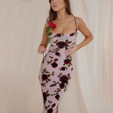 Mesh Floral Print Slip Dress Slim Fit Elegant Floral Maxi Dress Holiday Dress Backless