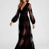 Maxi Dress High Split Ladies Long Sleeves Evening Dress
