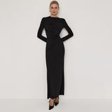 Solid Color Waist Tight Pleated Long Sleeve Intellectual Elegant Dress