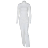 Half High Collar Long Sleeves Slim Fit Fold Split Maxi Dress
