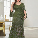 Plus Size Long Sleeve Deep V Plunge Slim Fishtail Evening Dress Cocktail Party Dress