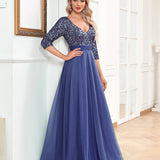 V neck Short Sleeve Sequined Tulle A line Floor Elegant Prom Evening Party Dress