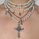 Retro Baroque Style Cross Pearl Layered Fashion Necklace