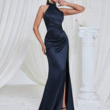 Halter Backless Elegant Slim Fit Dress Long Slit Mop Dress