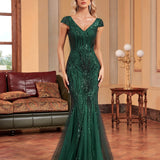 Green Beaded Dress Long Slim Fishtail Bridesmaid Cocktail Evening Dress for