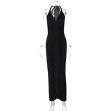 V neck Backless Lace up Slim Fit Pleated Dress