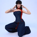 Ins Style 2025 Autumn New Fashion Trendy Denim Bandeau Vest Women Loose Wide Leg Long Pants Set Suit