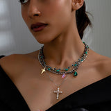 Heavy Layered Cross Imitation Pearl Elegant Necklace
