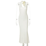 V neck Halter Maxi Dress Backless Slim Fit Solid Color
