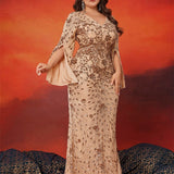 plus Size Sequined Long Sleeve Evening Cocktail Slim Fit Fishtail Long Toast Dress