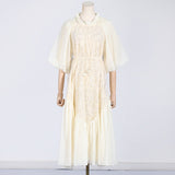 round Neck Wooden Ear Embroidery Tie Neck Slim Waist Solid Color Dress