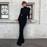 Solid Color Half Collar Long Sleeve Personalized Bare Back Maxi Dress