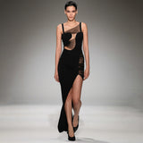 Black Low Elastic Mesh Mini Dress Strap Maxi Dress