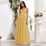 Sleeveless Pattern Lace Double V neck Elegant Evening Dress a Large Swing Back Zipper Full Lining Party Maxi Dress