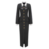 White Collar Black Long Sleeve Mesh Maxi Dress Open Button Cardigan Dress Catwalk