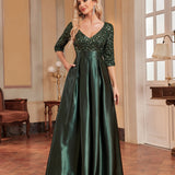 V neck Long Sleeve Sequined Elegant Prom Evening Party Dress