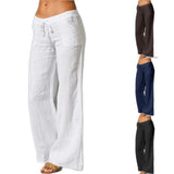 Women's Summer Linen Wide Leg Yoga Pants Elastic Waist Drawstring Pants