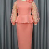 Party Cocktail Pink DressSee through Sleeve High Waist Dress