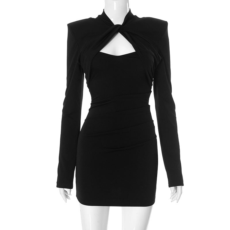 Solid Color Casual Twist Padded Shoulder Waist Tight Hip dress