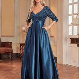 V neck Long Sleeve Sequined Elegant Prom Evening Party Dress
