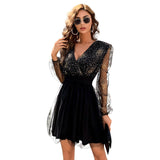 V-neck Stitching Mesh Banquet Dress Waist Sequ Puff Sleeve Formal Gown