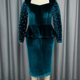 Elegant Long Sleeve Beaded Dress  Flannel High Waist Dress