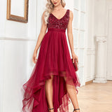 Chiffon Bridesmaid Dress Double V neck Dress Sleeveless A line Large Hem Sequin Stitching Evening Dress