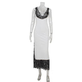 Sleeveless Deep V Plunge Lace StitchingElegant Lady Dress Slim Sheath Dress Long