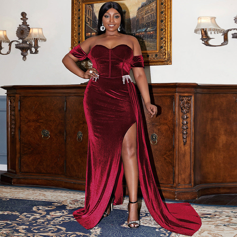 Plump Girls Plus Size Long Wedding off- eck Slimming Party Cocktail Light Luxury Evening Dress