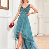 Chiffon Bridesmaid Dress Double V neck Dress Sleeveless A line Large Hem Sequin Stitching Evening Dress