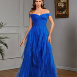 Solid Color off Shoulder Tube Top Mesh Long Elegant Slim Fit Cocktail Evening Dress