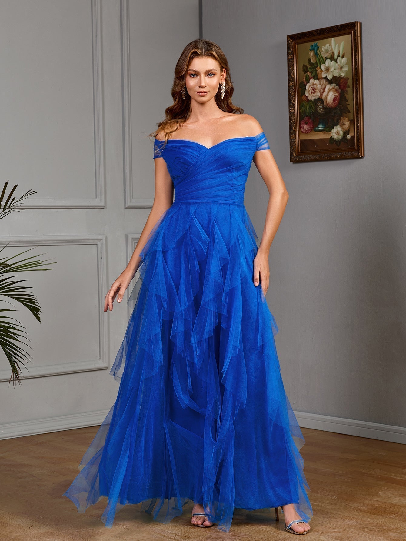 Solid Color off Shoulder Tube Top Mesh Long Elegant Slim Fit Cocktail Evening Dress