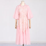 round Neck Wooden Ear Embroidery Tie Neck Slim Waist Solid Color Dress