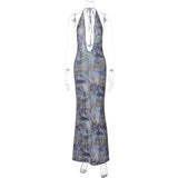 Printed Backless Slim Fit Split Lace up Dress