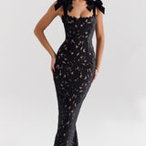 Entry Lux Bow High Sense Embroidered Hollow Out Cutout Sheath Dress