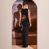 High Slit Hollow Out Snake Print Maxi Dress