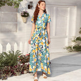 Printed V neck Short Sleeve Belt Maxi Dress Long Sweet Dress