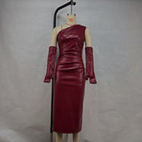 Crossbody Leather Dress Tight Wrapped Chest Pleated Sheath Split Dress