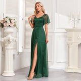 Quality Elegant Short Sleeve Square Collar Shiny Bright Tulle Evening Dress A Line Side Slit Prom Maxi Dress