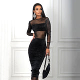 Bright Tube Top High Waist Package Hip Dress Mesh Blouse Three Piece Sets