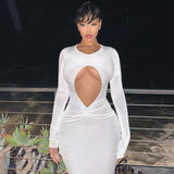 Cutout Slim Pleated Solid Color Long Sleeve Dress