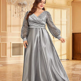 plus Size Satin V neck Long Sleeve Dress Slim Fit Maxi Dress Sequin Cocktail Evening